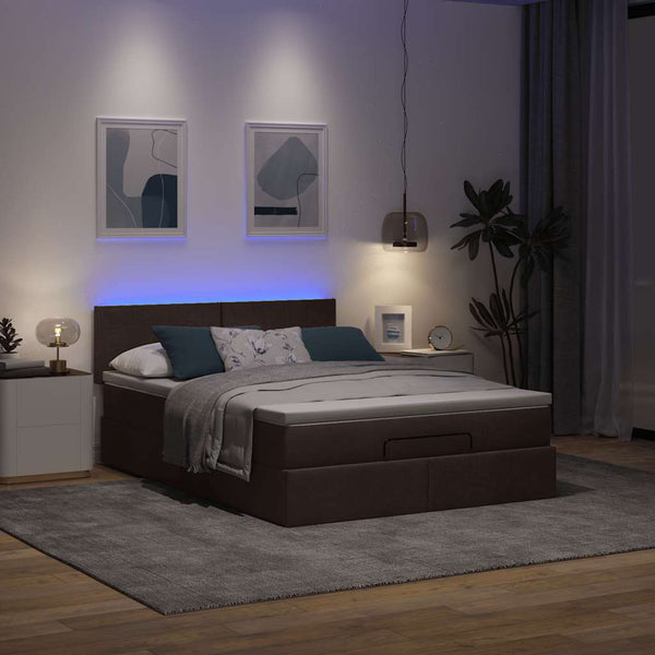 vidaXL Ottoman Bed with Mattress & LED Dark Brown 140x190 cm