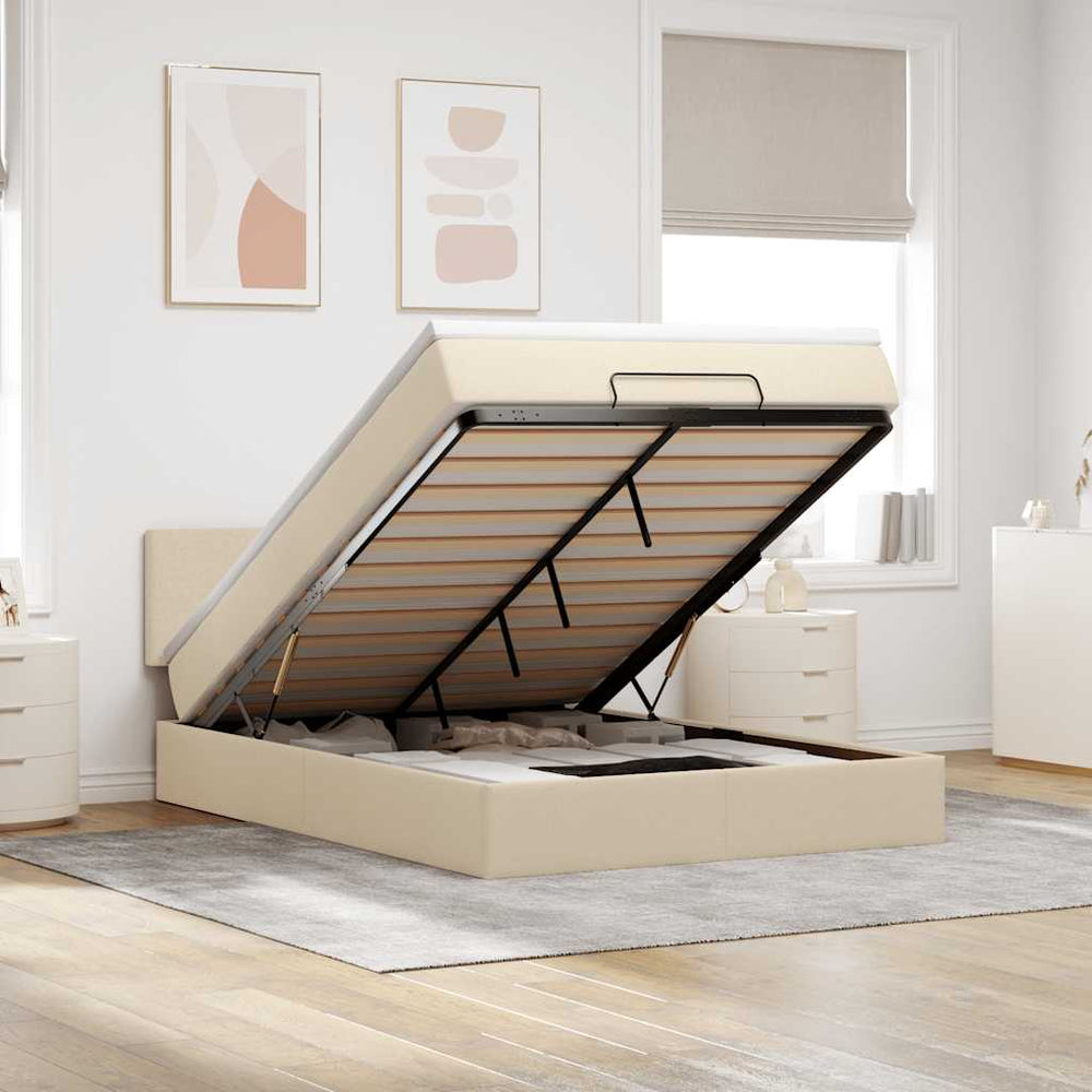 vidaXL Ottoman Bed with Mattress & LED Cream 140x190 cm Fabric