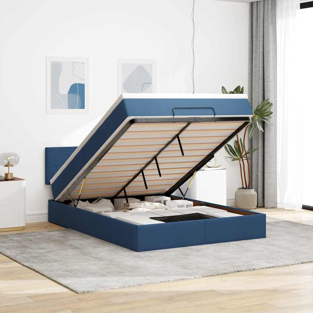 vidaXL Ottoman Bed with Mattress & LED Lights Blue 140x190 cm Fabric