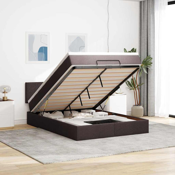 vidaXL Ottoman Bed with Mattress & LED Dark Brown 140x200 cm Fabric