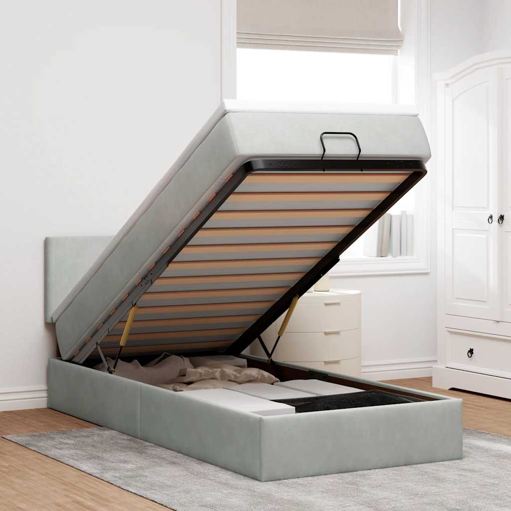 Ottoman Bett mit Matratze & LEDs Hellgrau 90x190 cm