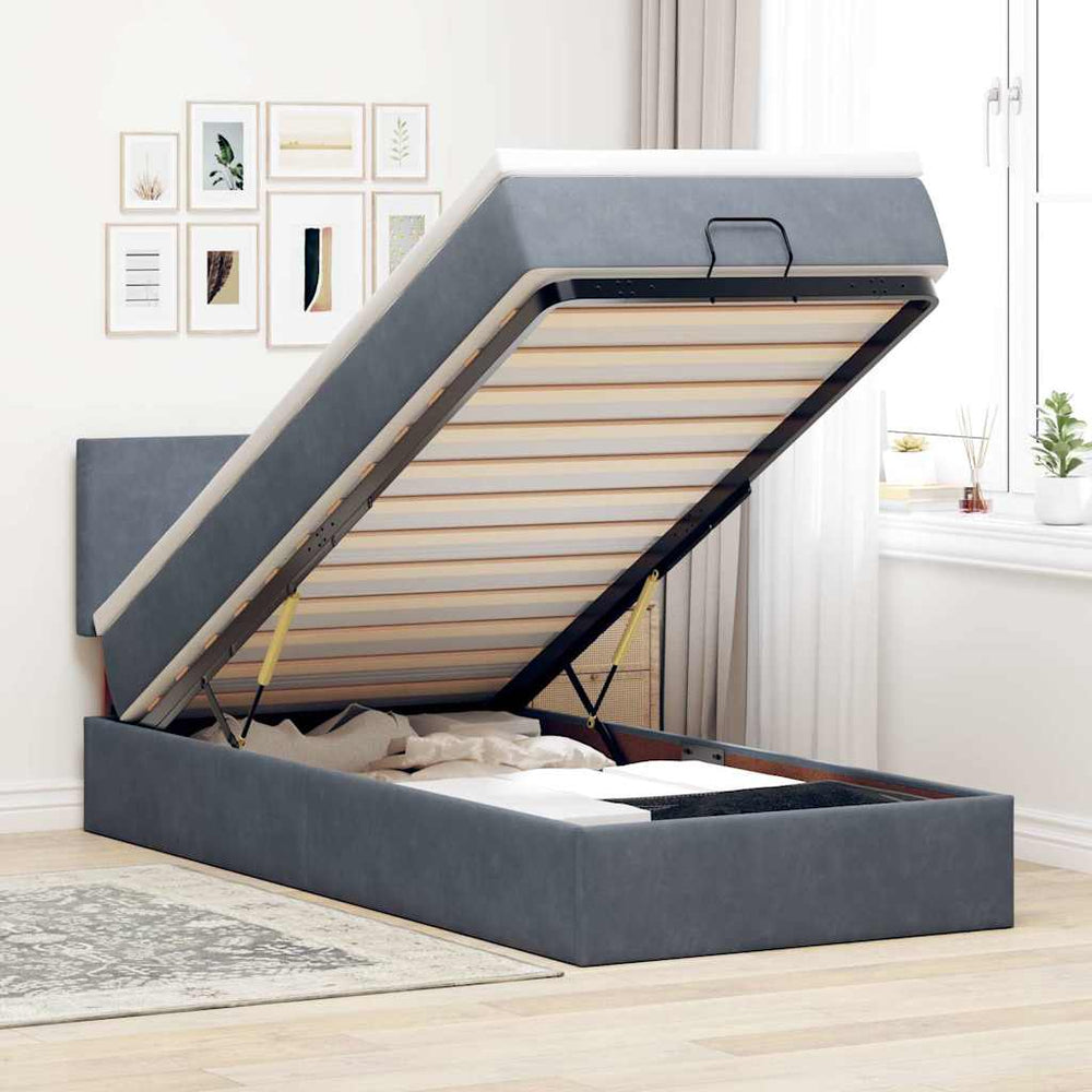 Ottoman Bett mit Matratze & LED Dunkelgrau 90x190 cm