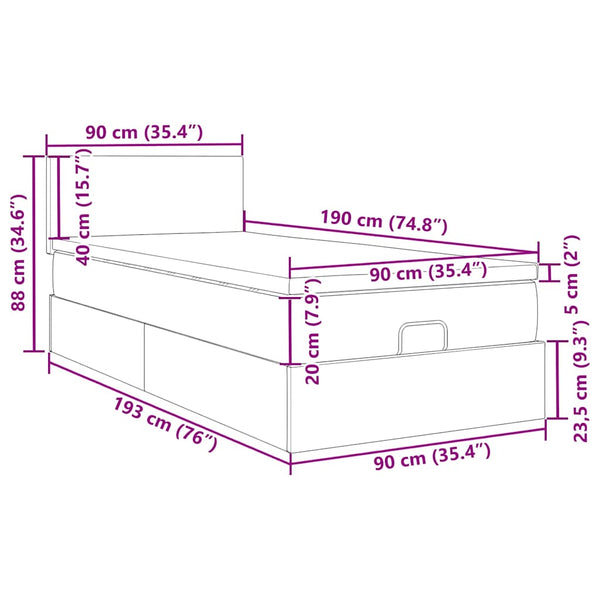 Ottoman Bett mit Matratze & LEDs Schwarz 90x190 cm Samt