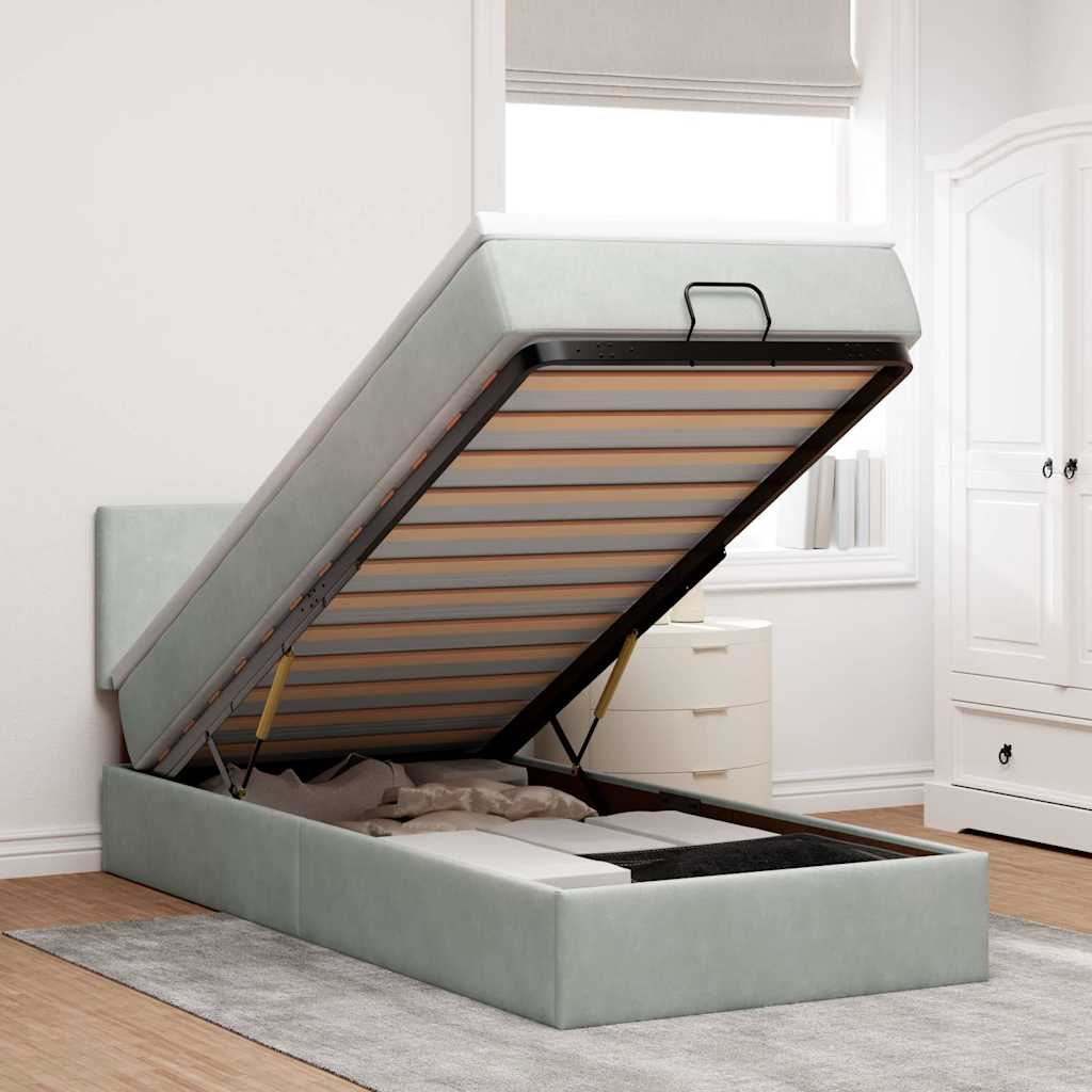 Ottoman Bett mit Matratze & LEDs Hellgrau 90x200 cm