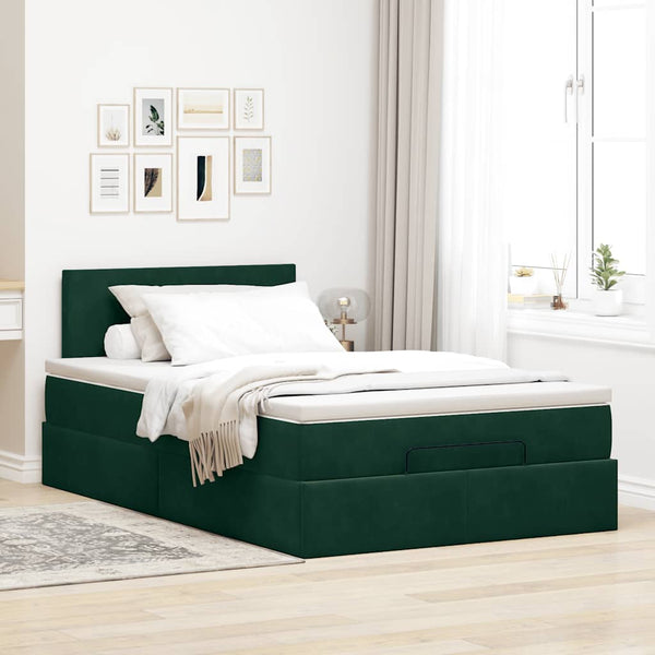 vidaXL Ottoman Bed with Mattress & LED Dark Green 120x190 cm Velvet