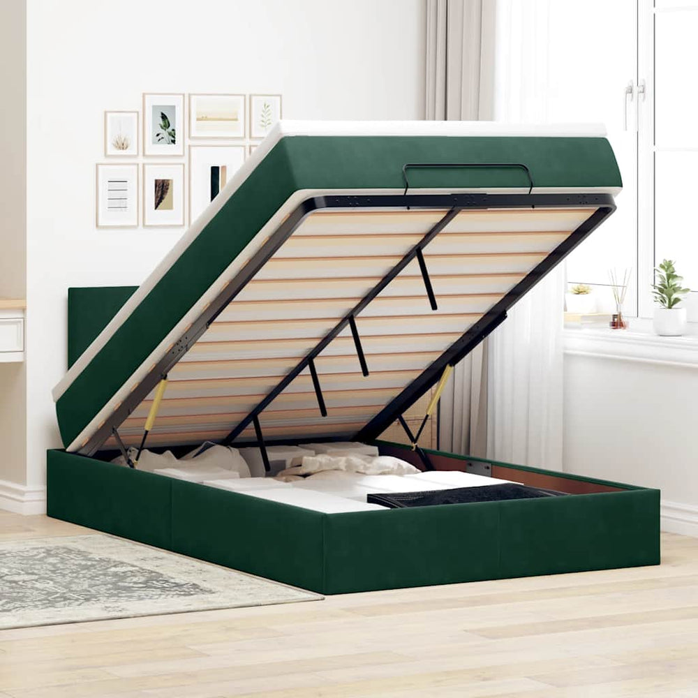 vidaXL Ottoman Bed with Mattress & LED Dark Green 120x190 cm Velvet