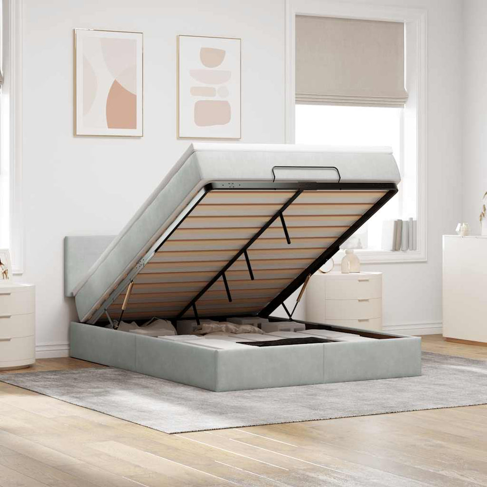 vidaXL Ottoman Bed with Mattress & LED Light Grey 140x190 cm Velvet