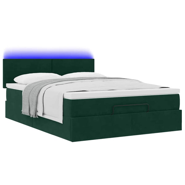 vidaXL Ottoman Bed with Mattress & LED Dark Green 140x190 cm Velvet