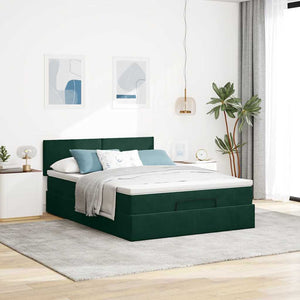 vidaXL Ottoman Bed with Mattress & LED Dark Green 140x190 cm Velvet