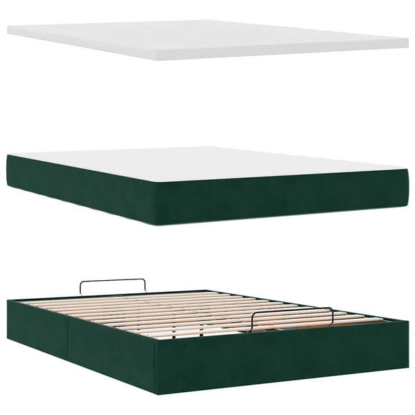 vidaXL Ottoman Bed with Mattress & LED Dark Green 140x190 cm Velvet