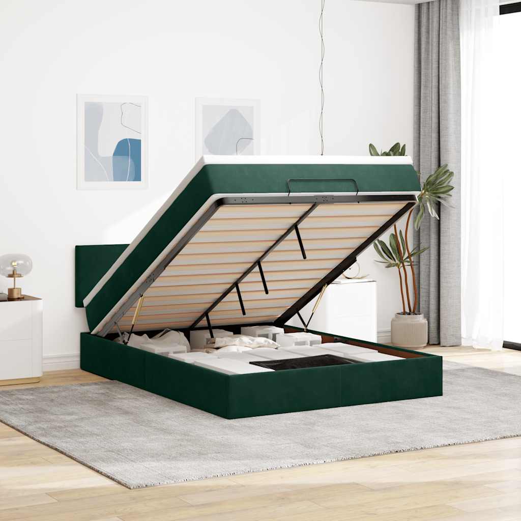 vidaXL Ottoman Bed with Mattress & LED Dark Green 140x190 cm Velvet