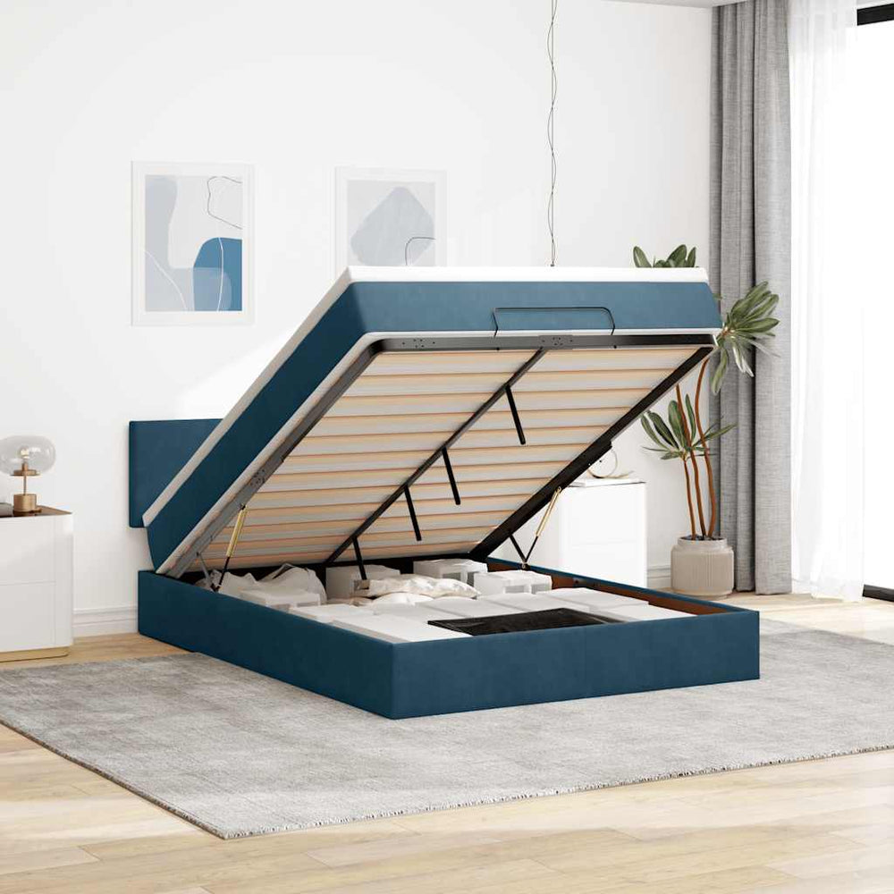vidaXL Ottoman Bed with Mattress & LEDs Dark Blue 140x190 cm Velvet