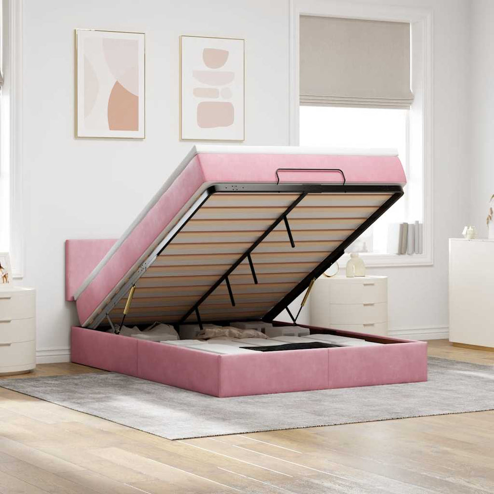 vidaXL Ottoman Bed with Mattress & LED Pink 140x190 cm Velvet