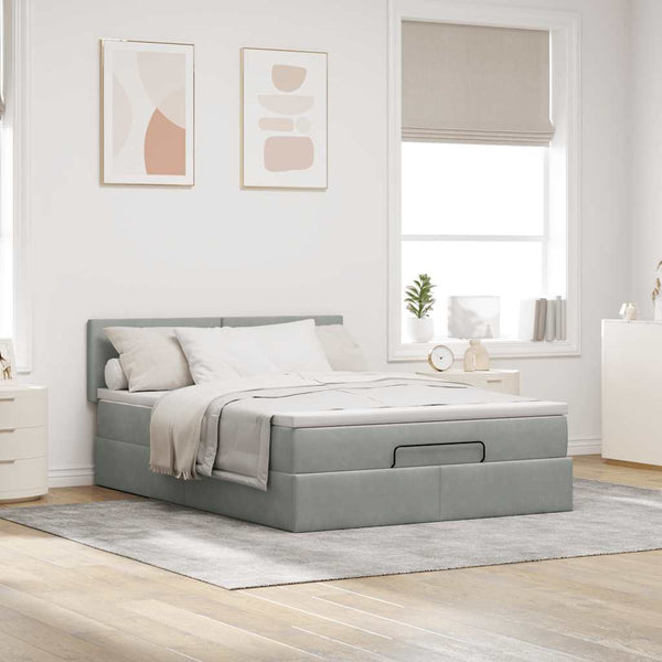 vidaXL Ottoman Bed with Mattress & LEDs Light Grey 140x200 cm Velvet