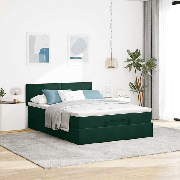 vidaXL Ottoman Bed with Mattress & LEDs Dark Green 140x200 cm Velvet