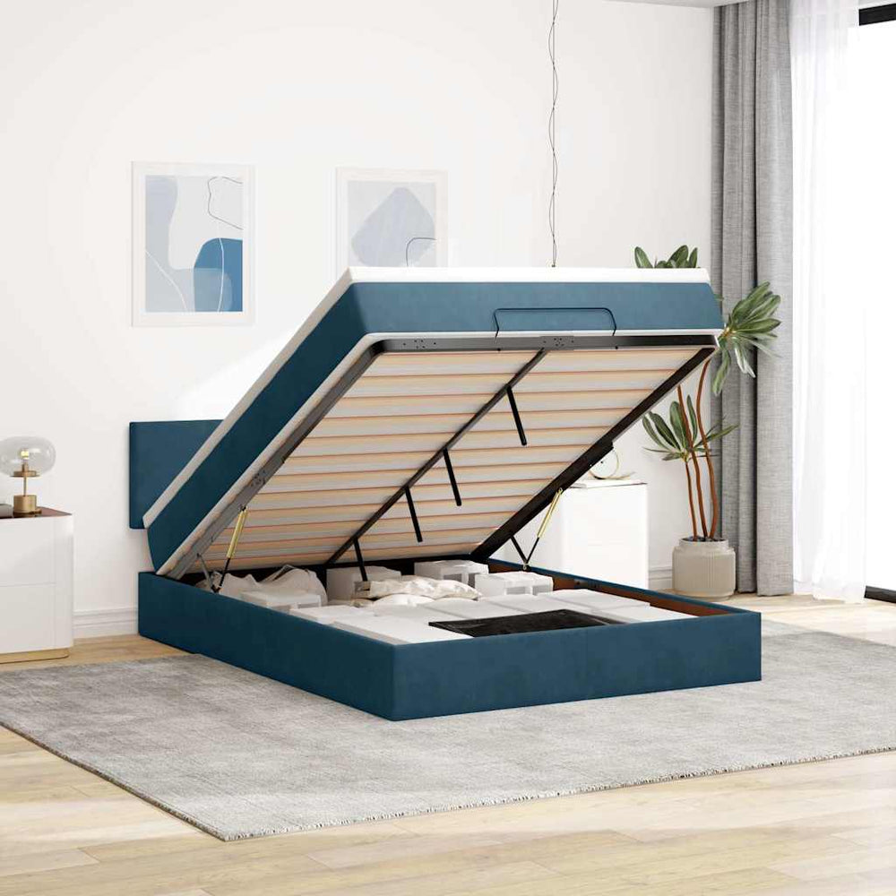 vidaXL Ottoman Bed with Mattress & LEDs Dark Blue 140x200 cm Velvet