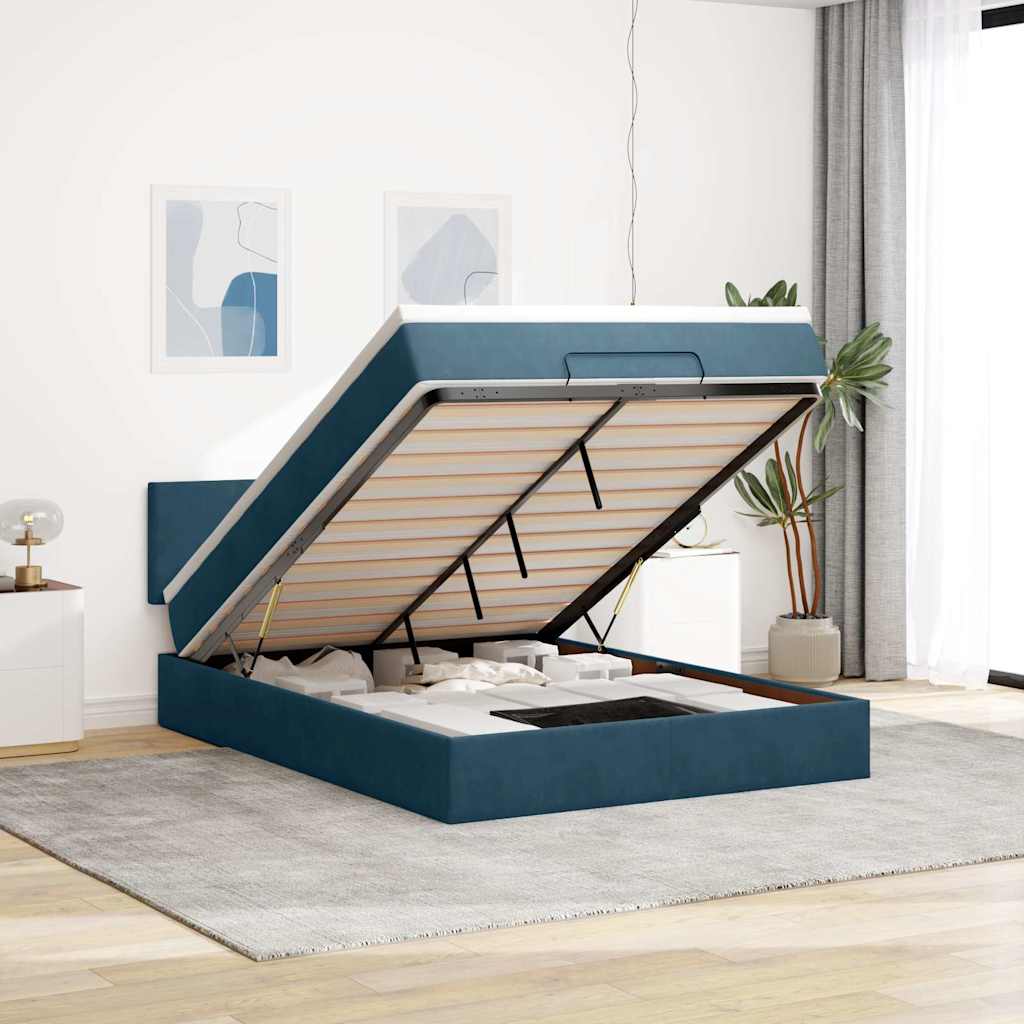 vidaXL Ottoman Bed with Mattress & LEDs Dark Blue 140x200 cm Velvet
