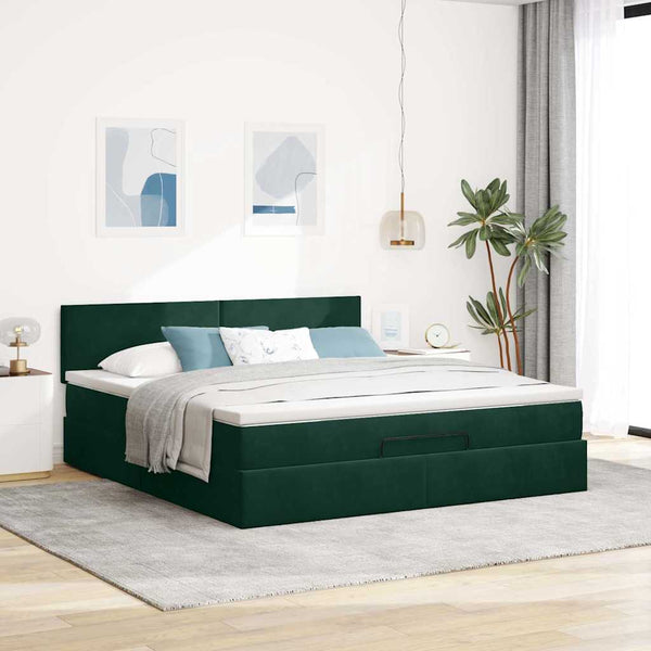 vidaXL Ottoman Bed with Mattress & LEDs Dark Green 160x200 cm Velvet