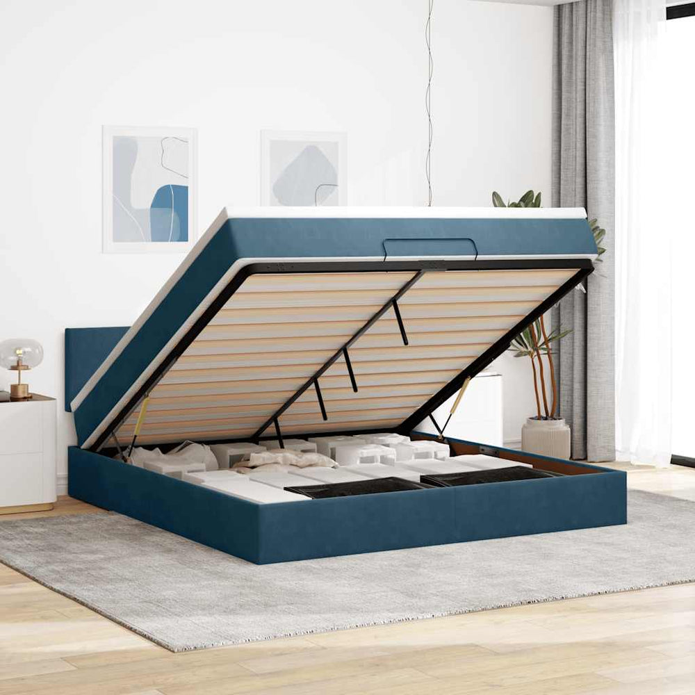 vidaXL Ottoman Bed with Mattress & LED Lights Dark Blue 160x200 cm Velvet