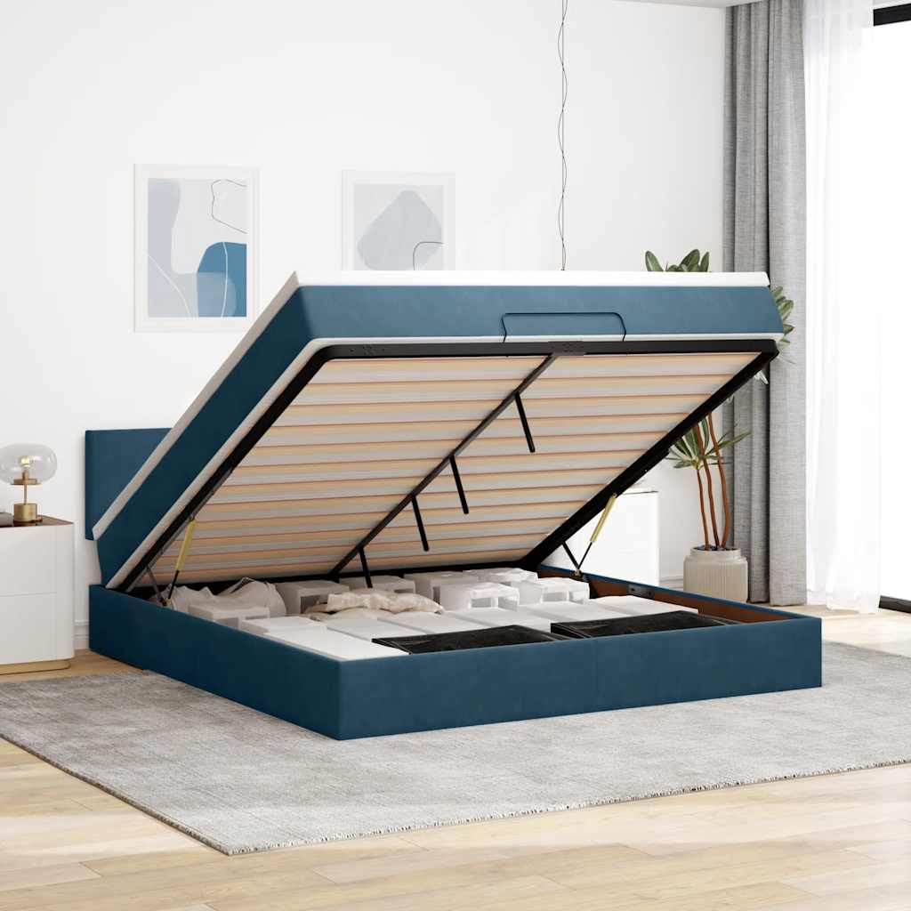 vidaXL Ottoman Bed with Mattress & LED Dark Blue 180x200 cm Velvet