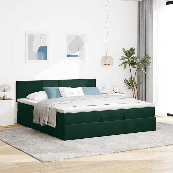 vidaXL Ottoman Bed with Mattresses & LED Dark Green 200x200 cm Velvet