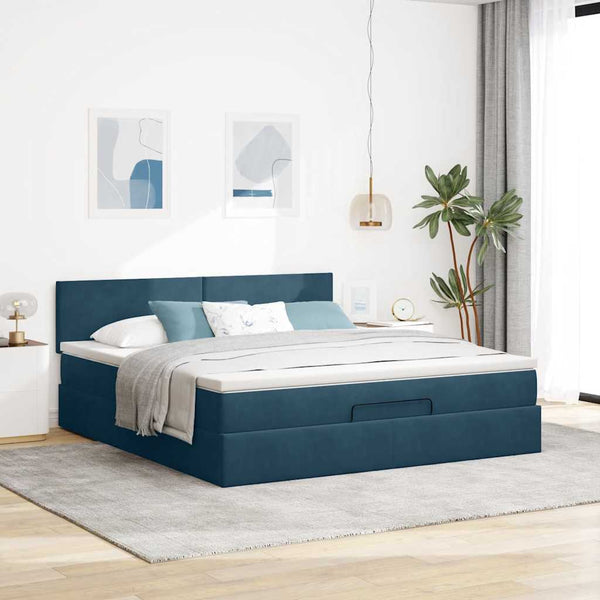 vidaXL Ottoman Bed with Mattresses & LED Dark Blue 200x200 cm Velvet