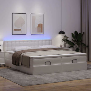 vidaXL Ottoman Bed with Mattresses & LEDs White 160x200 cm Faux Leather