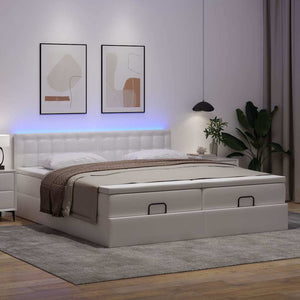 vidaXL Ottoman Bed with Mattresses & LED White 180x200 cm Faux Leather