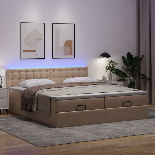 vidaXL Ottoman Bed with Mattresses LEDs Cappuccino 180x200cm Faux Leather