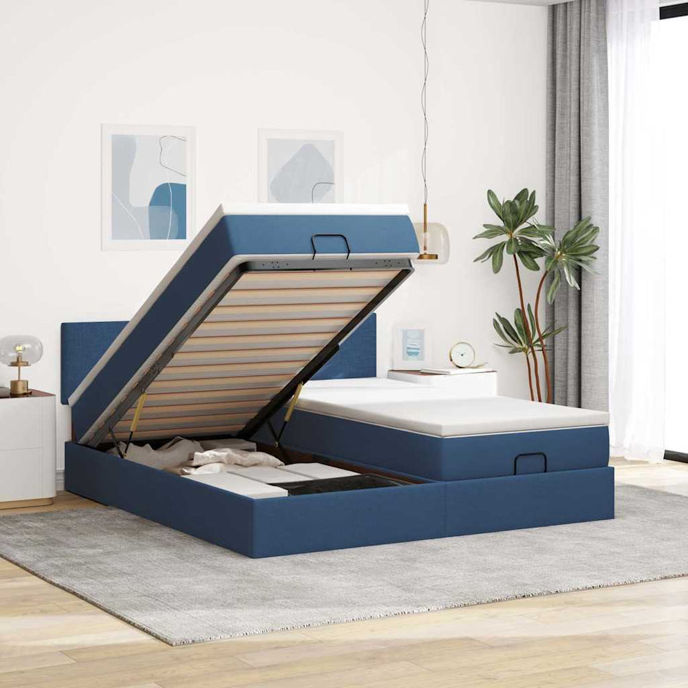 vidaXL Ottoman Bed with Mattresses & LEDs Blue 160x200 cm Fabric