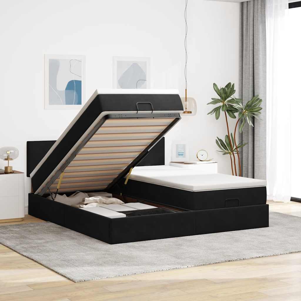 Ottoman Bett mit Matratzen & LEDs 160x200 cm Samt Schwarz
