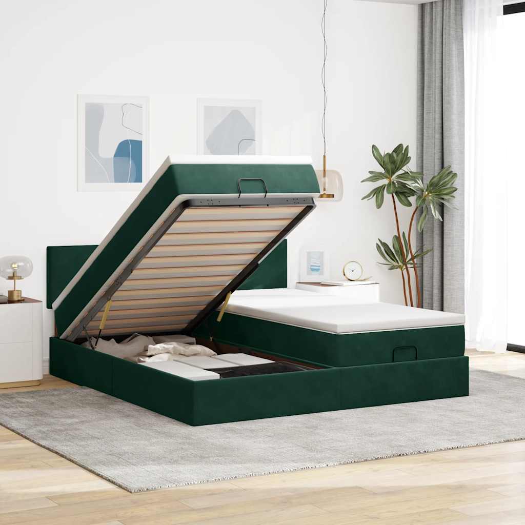 Ottoman Bett mit Matratzen & LEDs Dunkelgrün 160x200 cm