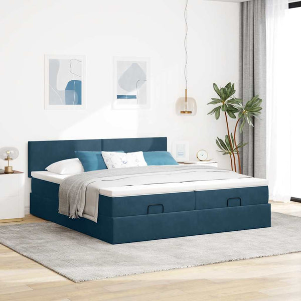 Ottoman Bett mit Matratze & LEDs Dunkelblau Samt 160x200