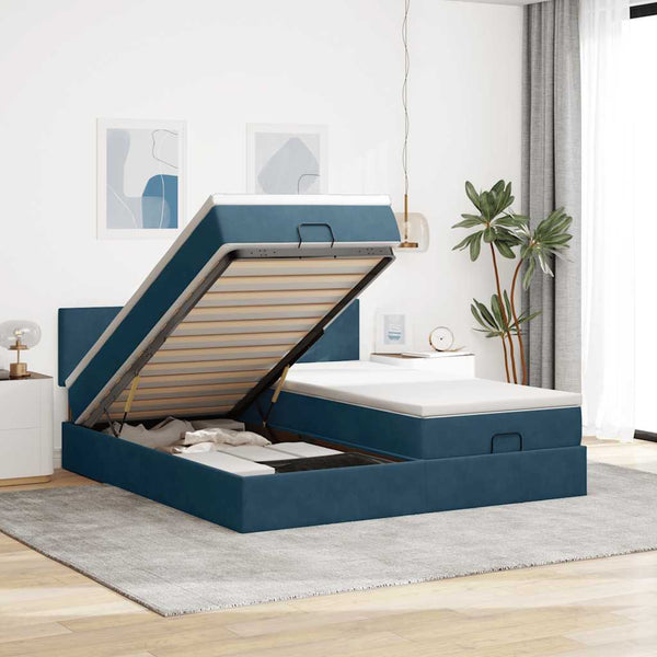 Ottoman Bett mit Matratze & LEDs Dunkelblau Samt 160x200