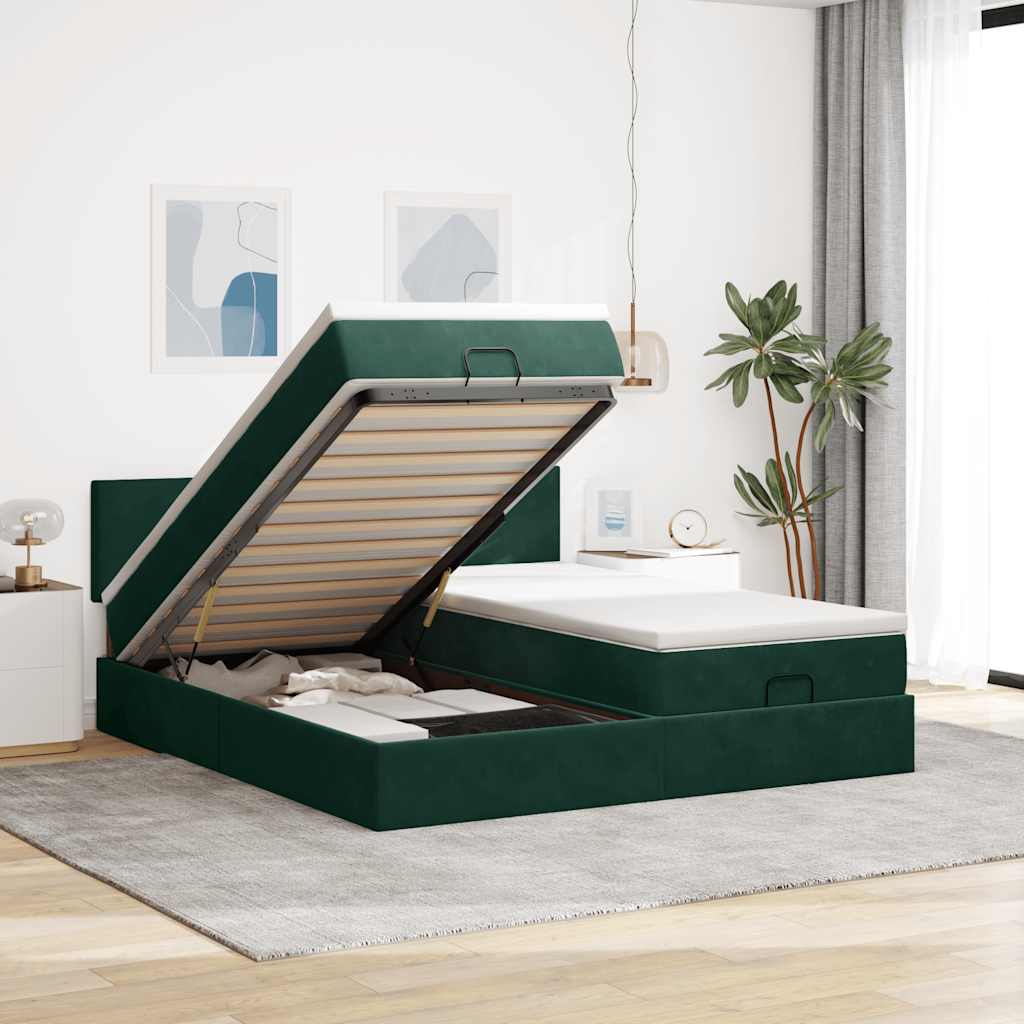 Ottoman Bett mit Matratzen & LEDs Dunkelgrün 180x200 cm