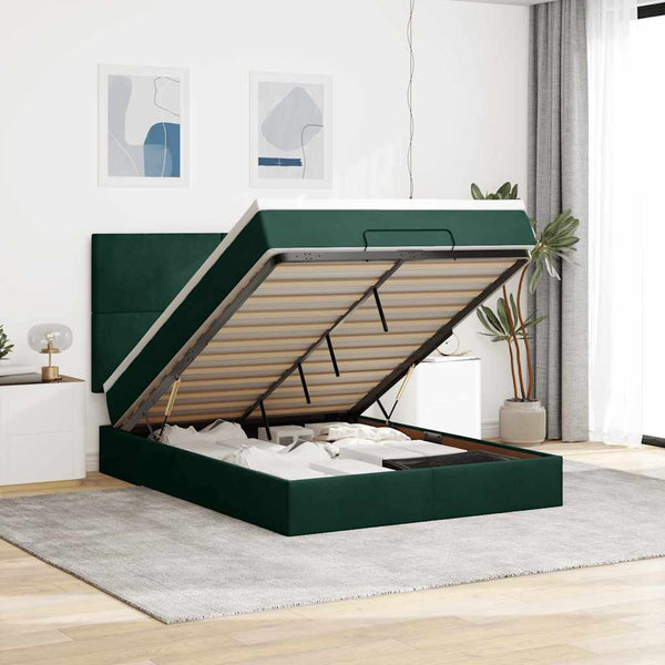 vidaXL Ottoman Bed with Mattresses Dark Green 140x190 cm Velvet
