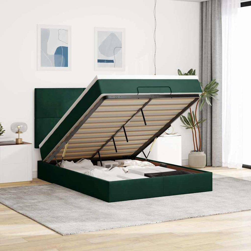 vidaXL Ottoman Bed with Mattresses Dark Green 140x200 cm Velvet