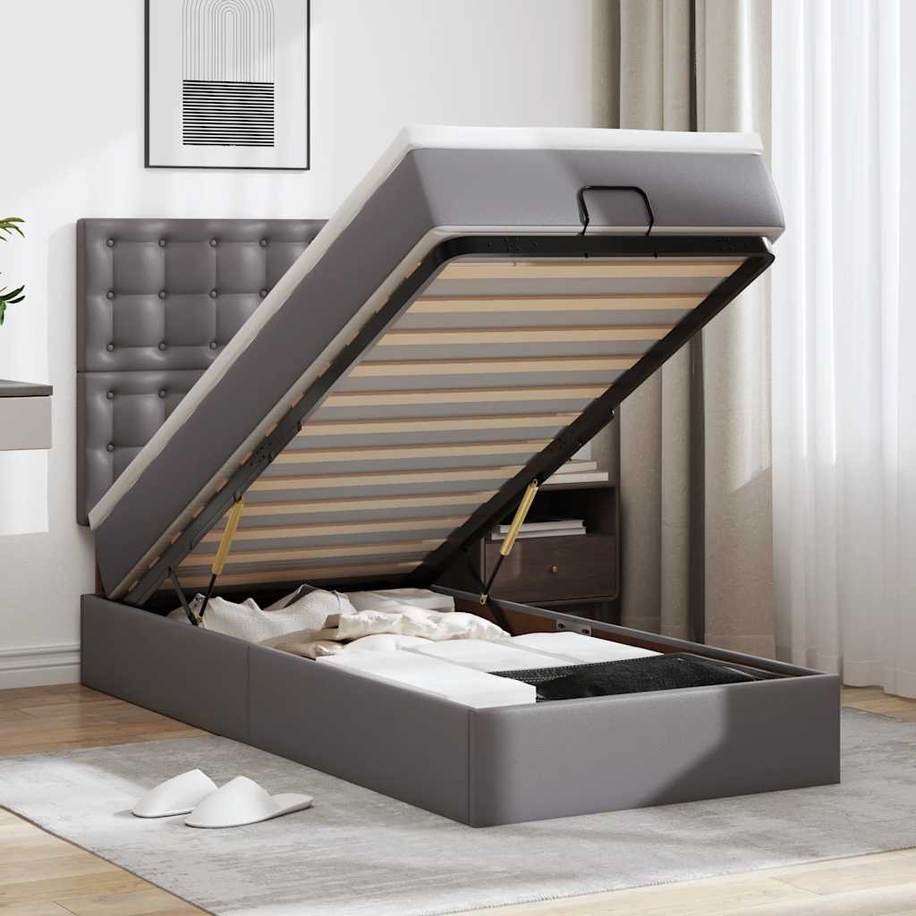 vidaXL Ottoman Bed with Mattress & LEDs Grey 90x200 cm Faux Leather