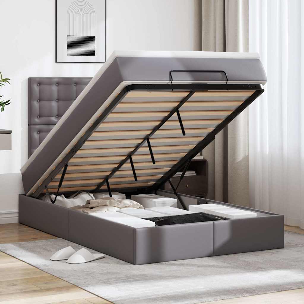 vidaXL Ottoman Bed with Mattress & LED Lights Grey 120x190 cm Faux Leather