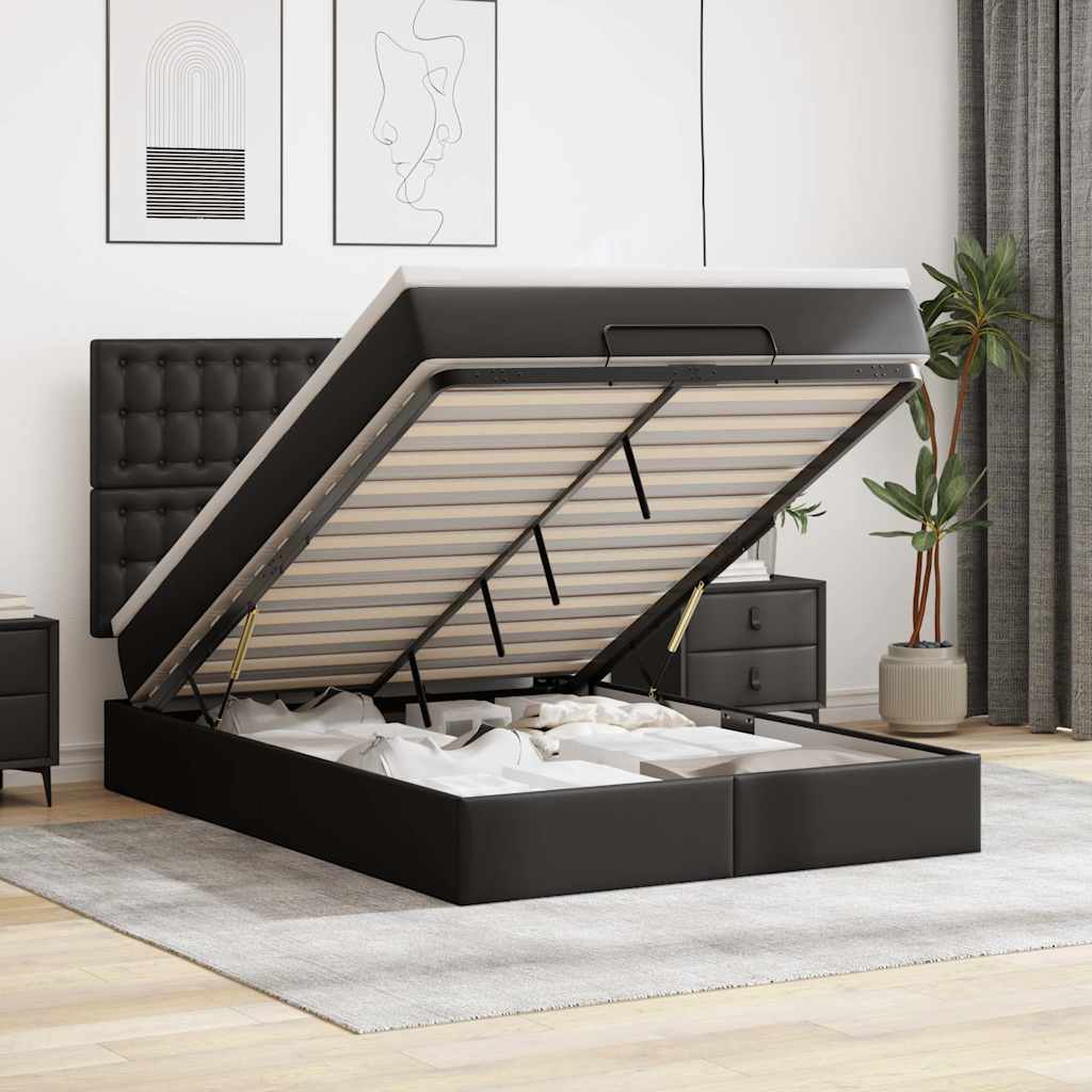 vidaXL Ottoman Bed with Mattress & LED Black 140x190 cm Faux Leather