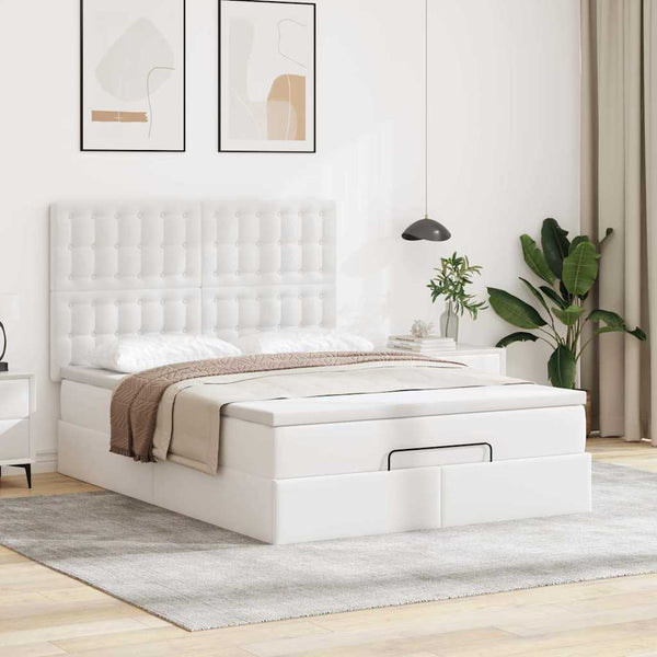 vidaXL Ottoman Bed with Mattress & LED White 140x200 cm Faux Leather