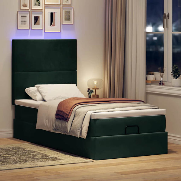 Ottoman Bett mit Matratze & LEDs Dunkelgrün 80x200