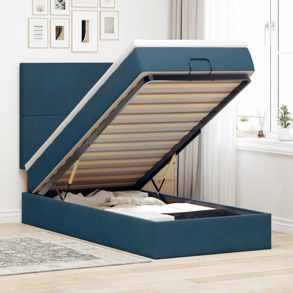Ottoman Bett mit Matratze & LEDs Dunkelblau Samt