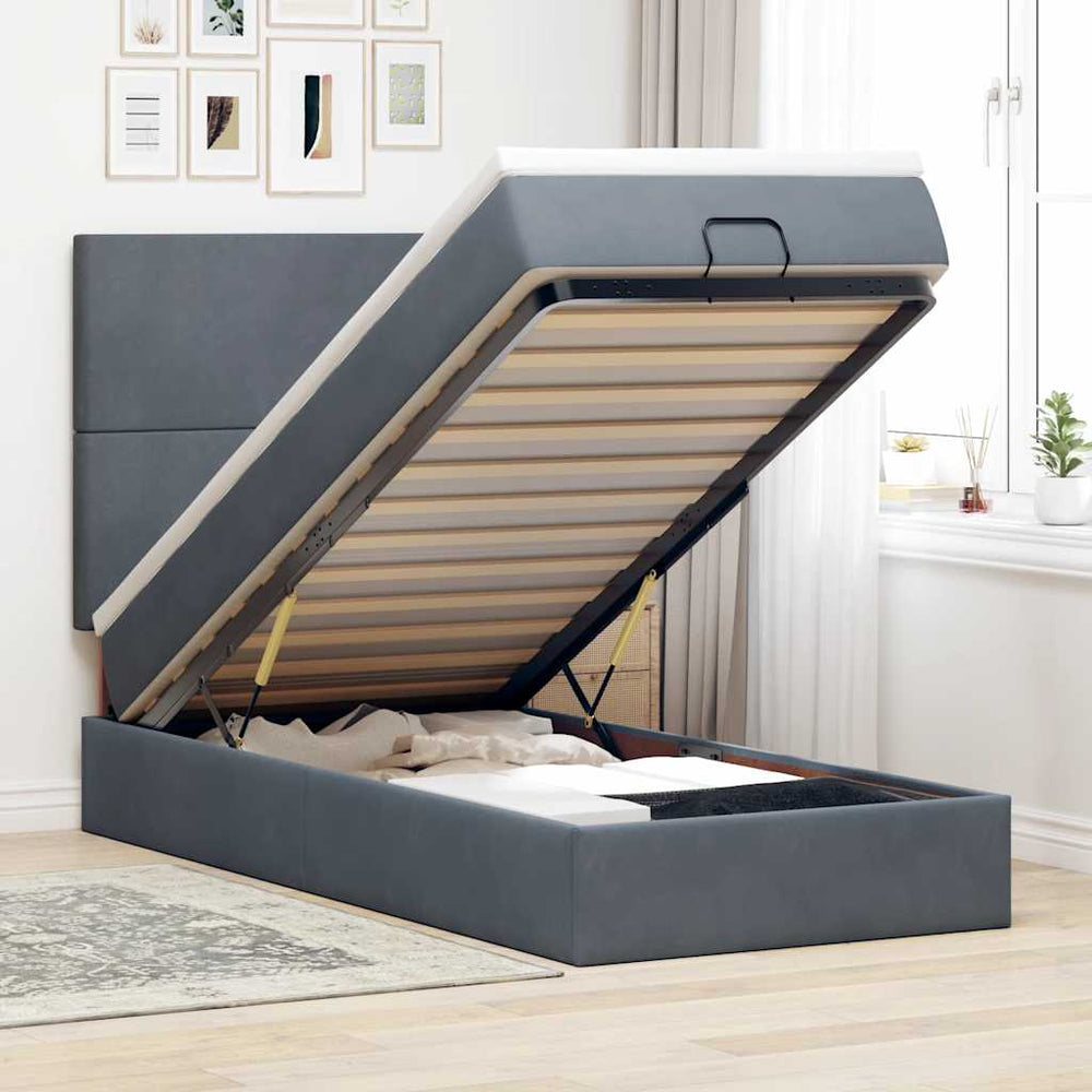 Ottoman Bett mit Matratze & LEDs Dunkelgrau 90x190 cm