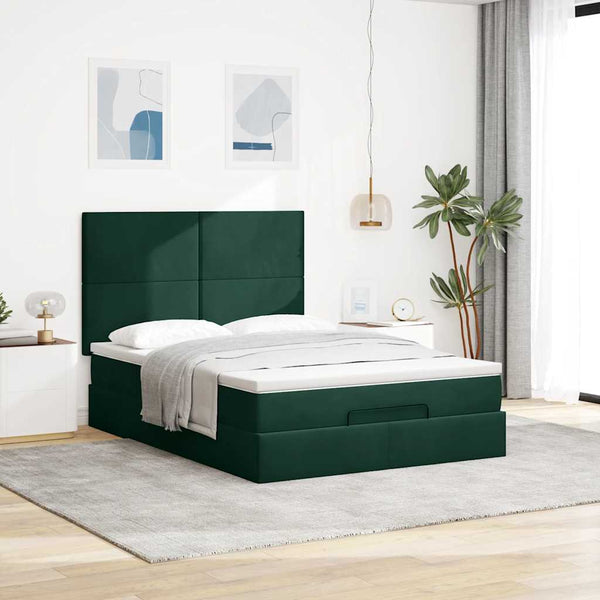 vidaXL Ottoman Bed with Mattresses & LEDs Dark Green 140x190 cm Velvet