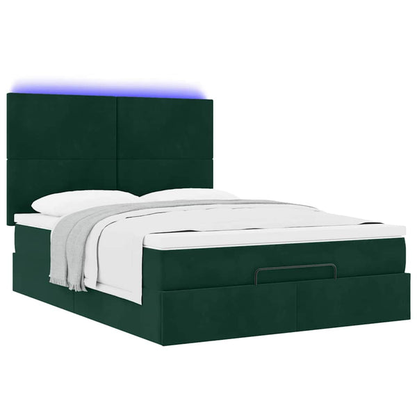 vidaXL Ottoman Bed with Mattresses & LEDs Dark Green 140x190 cm Velvet