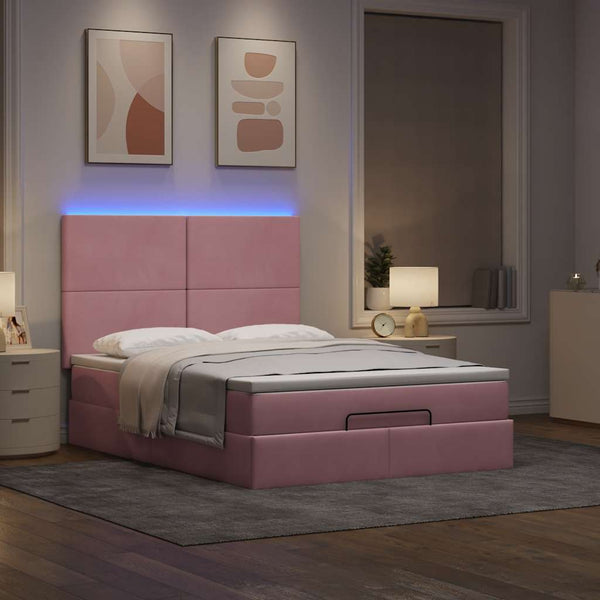 vidaXL Ottoman Bed with Mattresses & LEDs Pink 140x190 cm Velvet