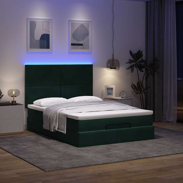 vidaXL Ottoman Bed with Mattresses & LEDs Dark Green 140x200 cm Velvet