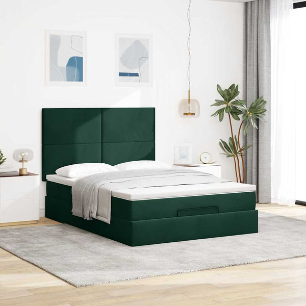 vidaXL Ottoman Bed with Mattresses & LEDs Dark Green 140x200 cm Velvet
