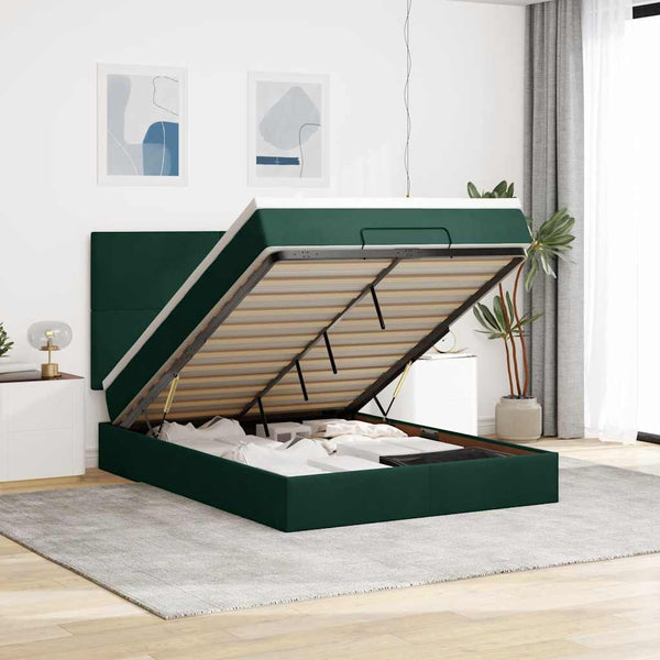 vidaXL Ottoman Bed with Mattresses & LEDs Dark Green 140x200 cm Velvet